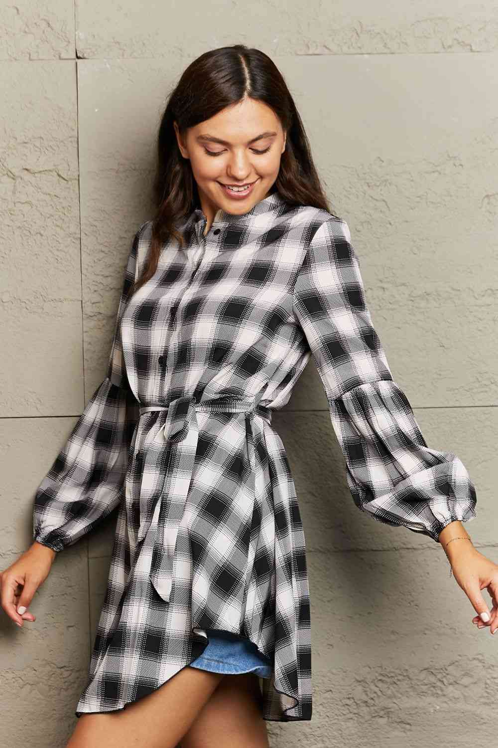 Plaid Tie Waist Lantern Sleeve Mini Dress