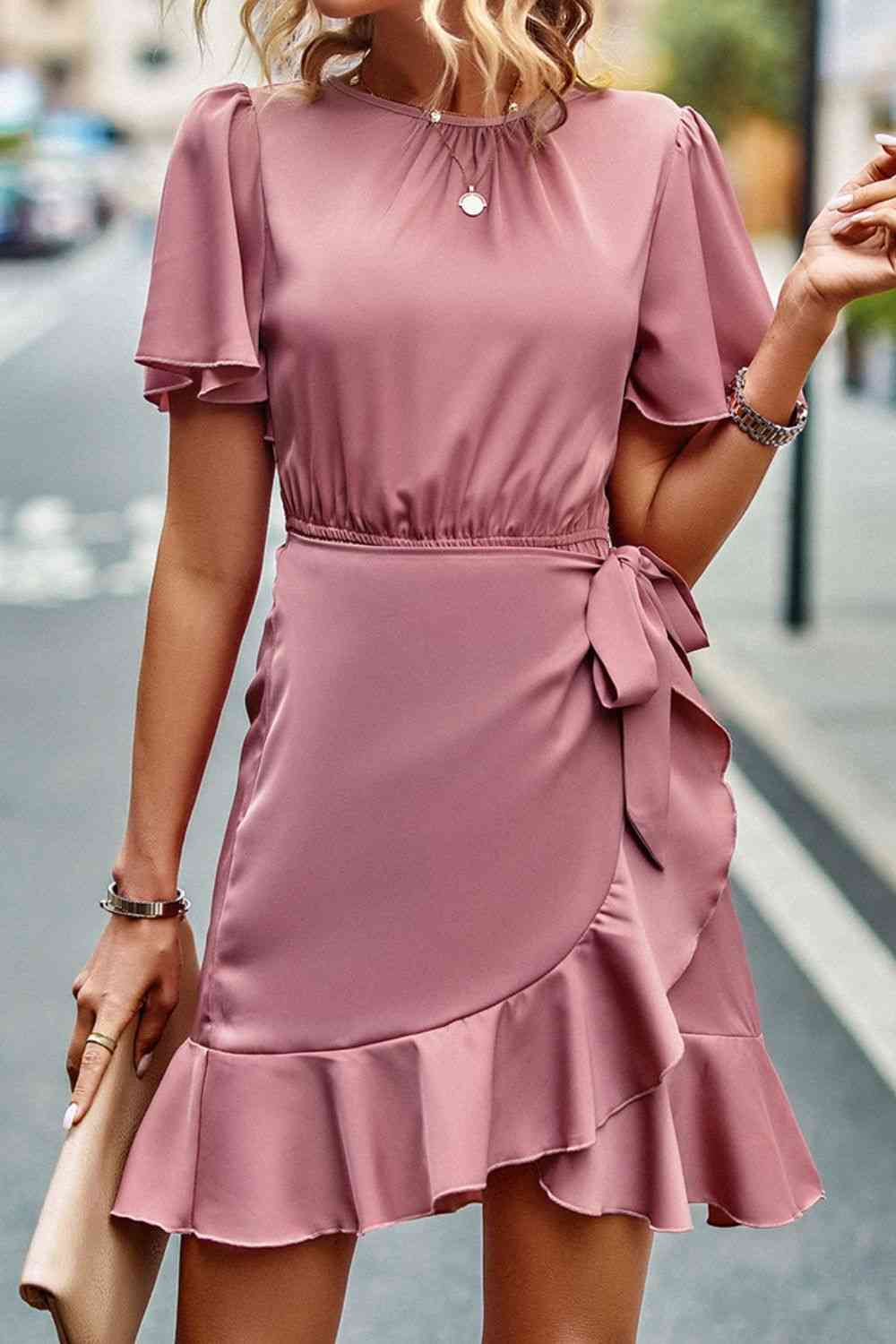 Round Neck Flutter Sleeve Ruffled Dress