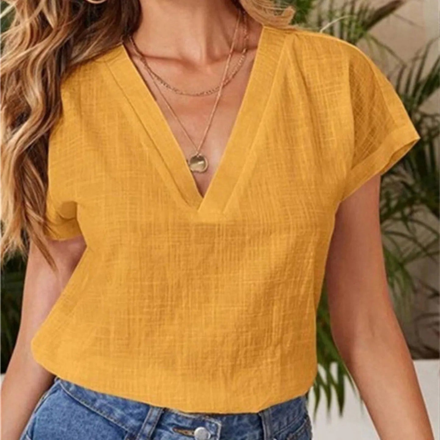 Relaxed V-Neck Linen Blouse for Women