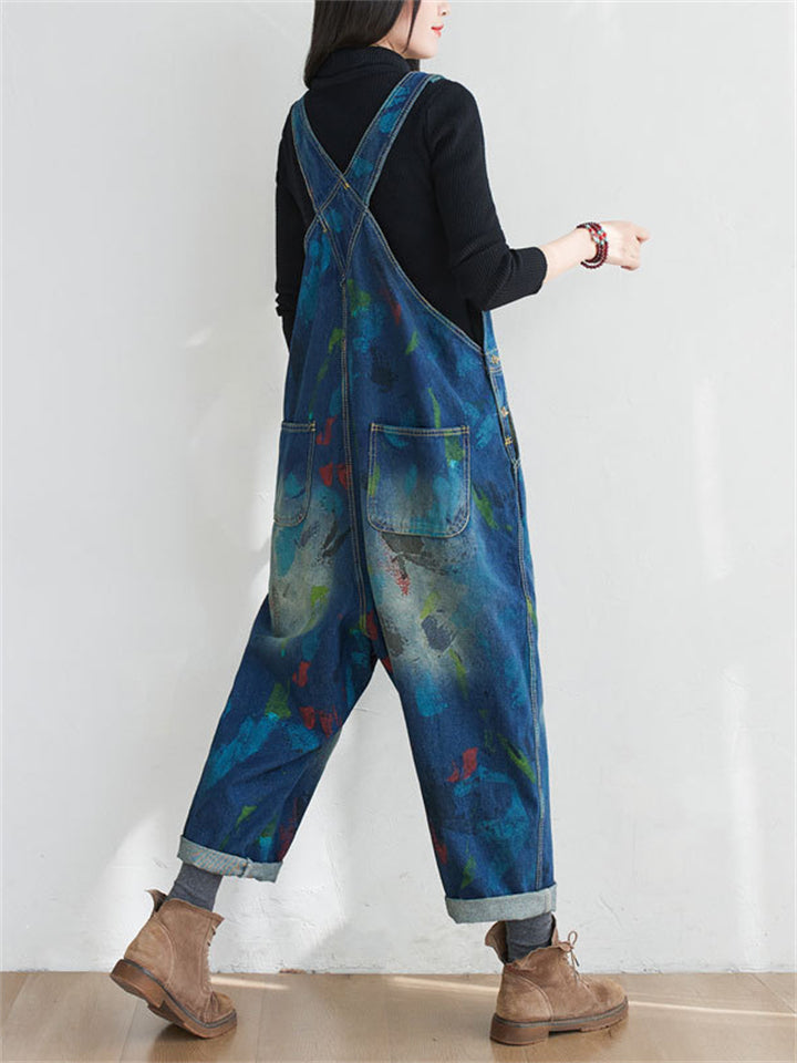 Retro Watercolor Pen Printed Denim Jumpsuits