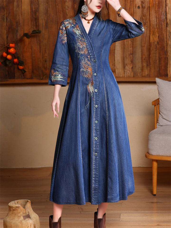 Elegant Embroidery V Neck Button Up Denim Dress