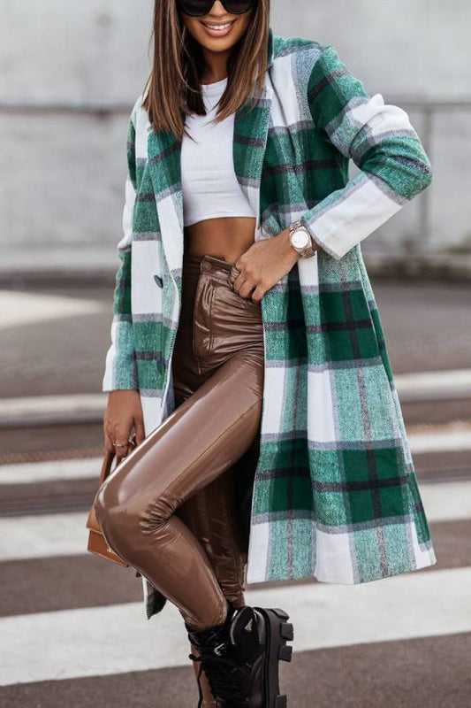 Ivyshape | Mid Length Double Breasted Plaid Print Woolen Coat