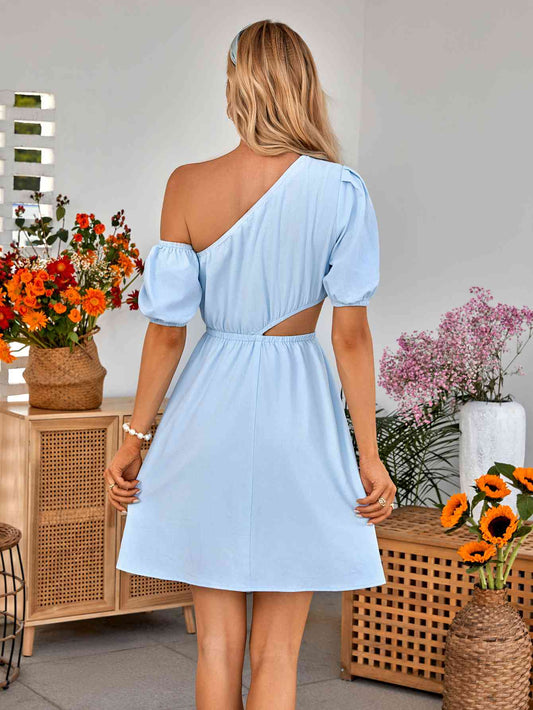 Cutout Asymmetrical Neck Puff Sleeve Dress