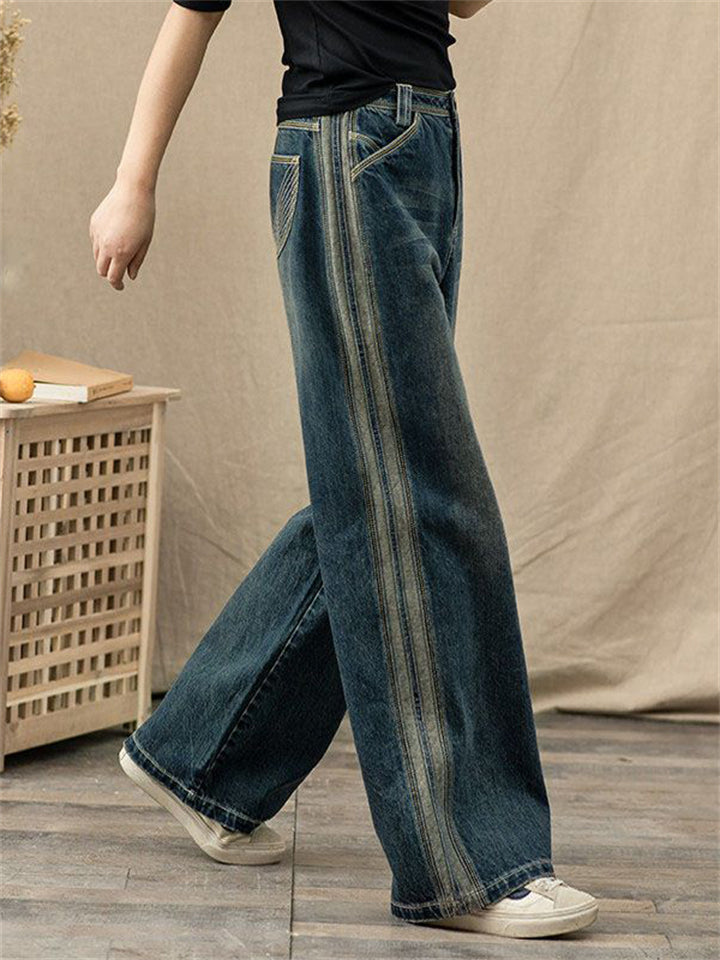 Women's Leisure High Waist Washed Effect Blue Floor Length Jeans