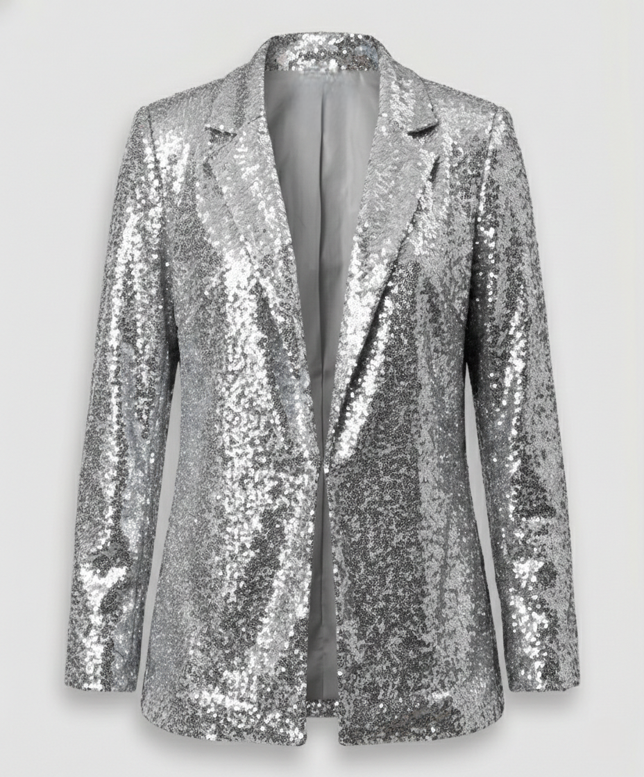 sequin blazer with padded shoulders, open front design, and fully lined construction.