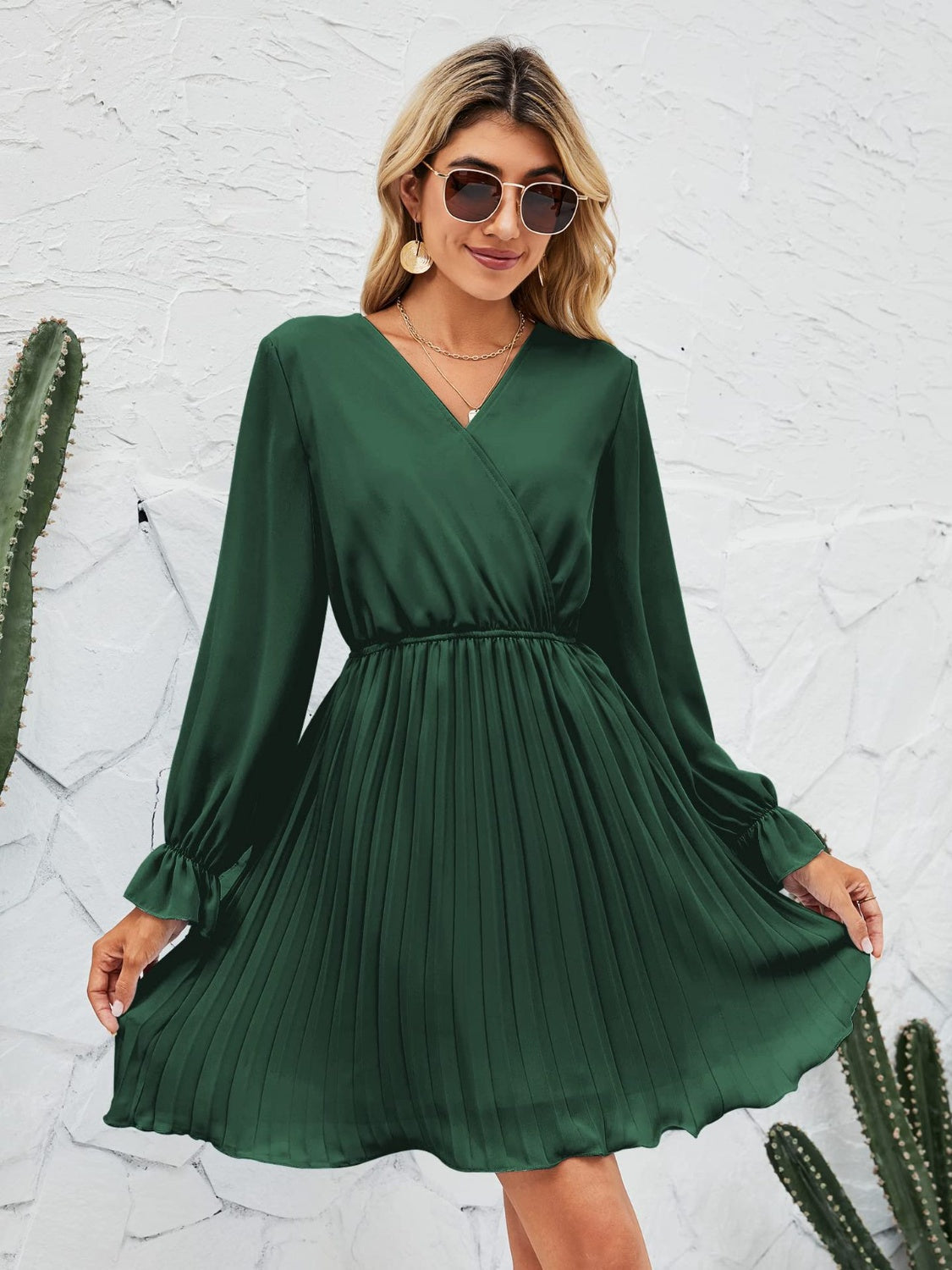 Ivyshape | Surplice Flounce Sleeve Pleated Mini Dress