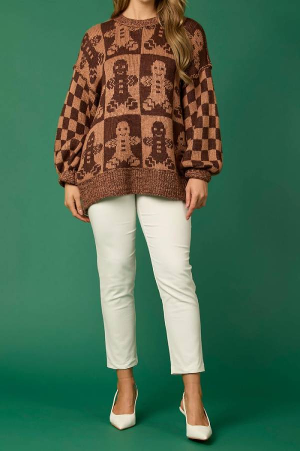 Ivyshape | Gingerbread Man Round Neck Long Sleeve Loose Knit Sweater