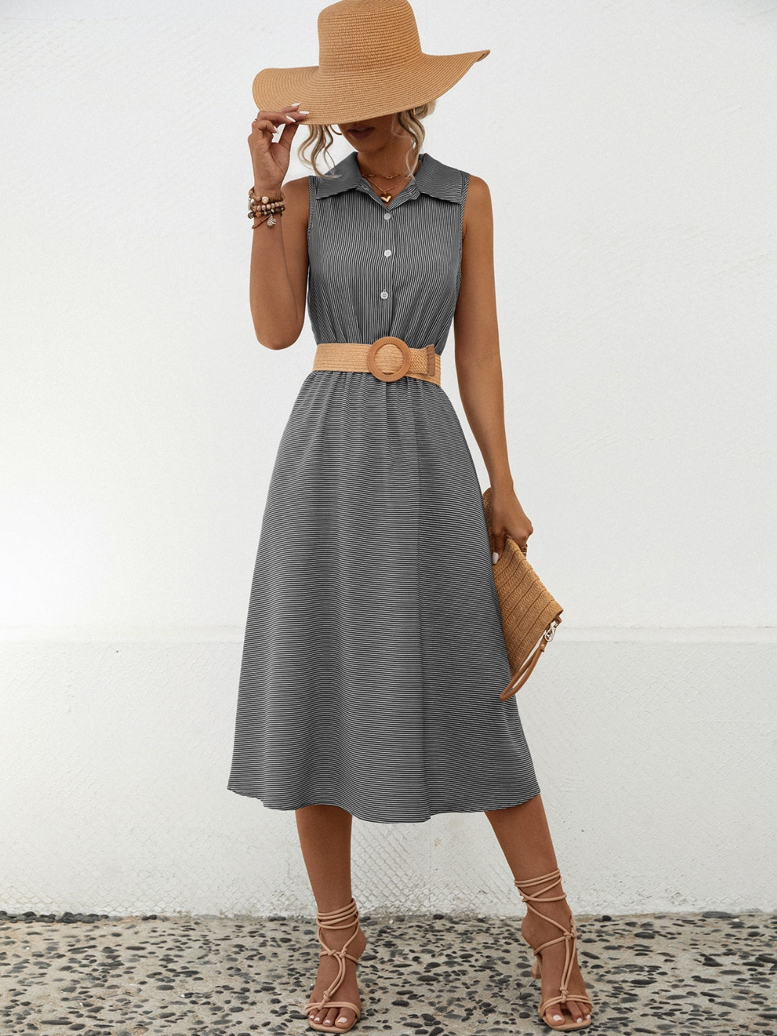 Ivyshape | Striped Collared Neck Sleeveless Midi Dress