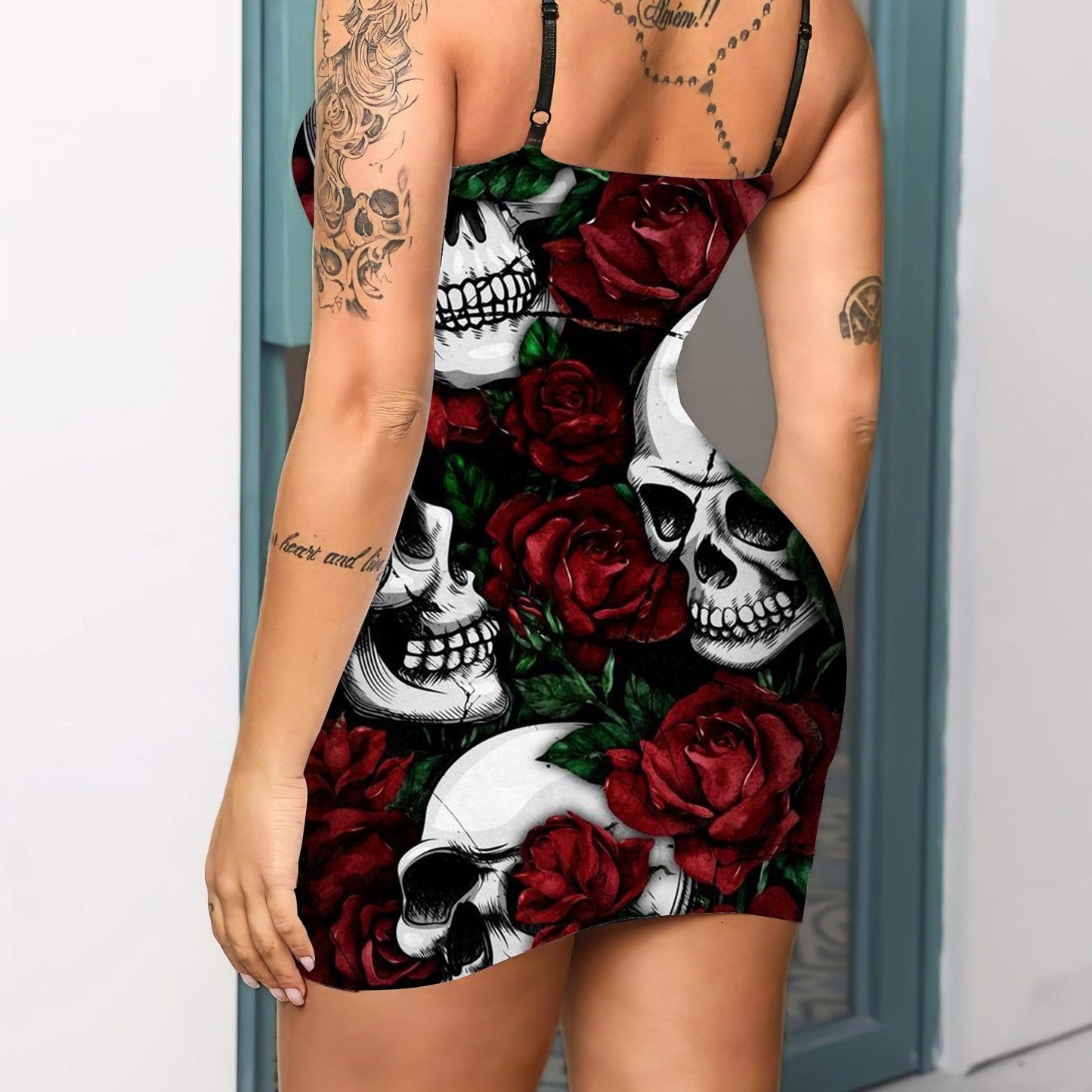 Skull Rose Printed Sexy V-neck Eyelet Lace-up Suspender Dress