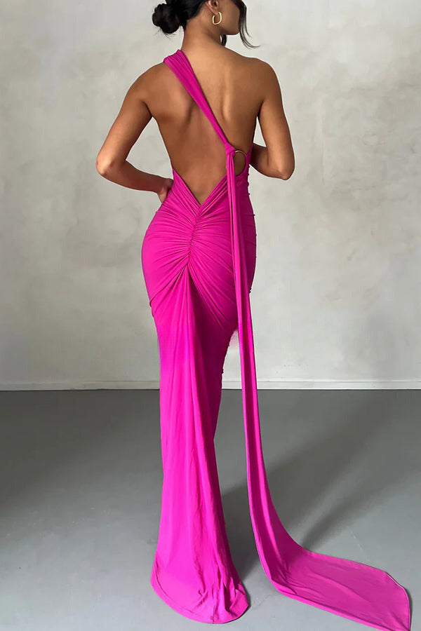 Sexy Backless Pleated Slim Solid Color Sleeveless Elegant Maxi Dress