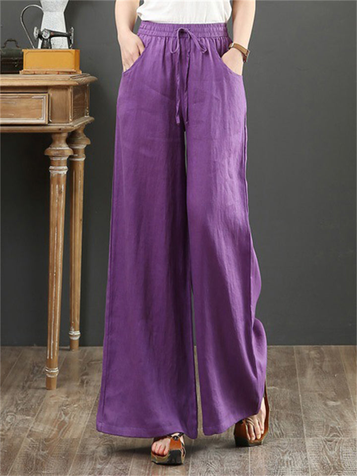 Women's Simple Linen High Waist Drawstring Wide Leg Pants