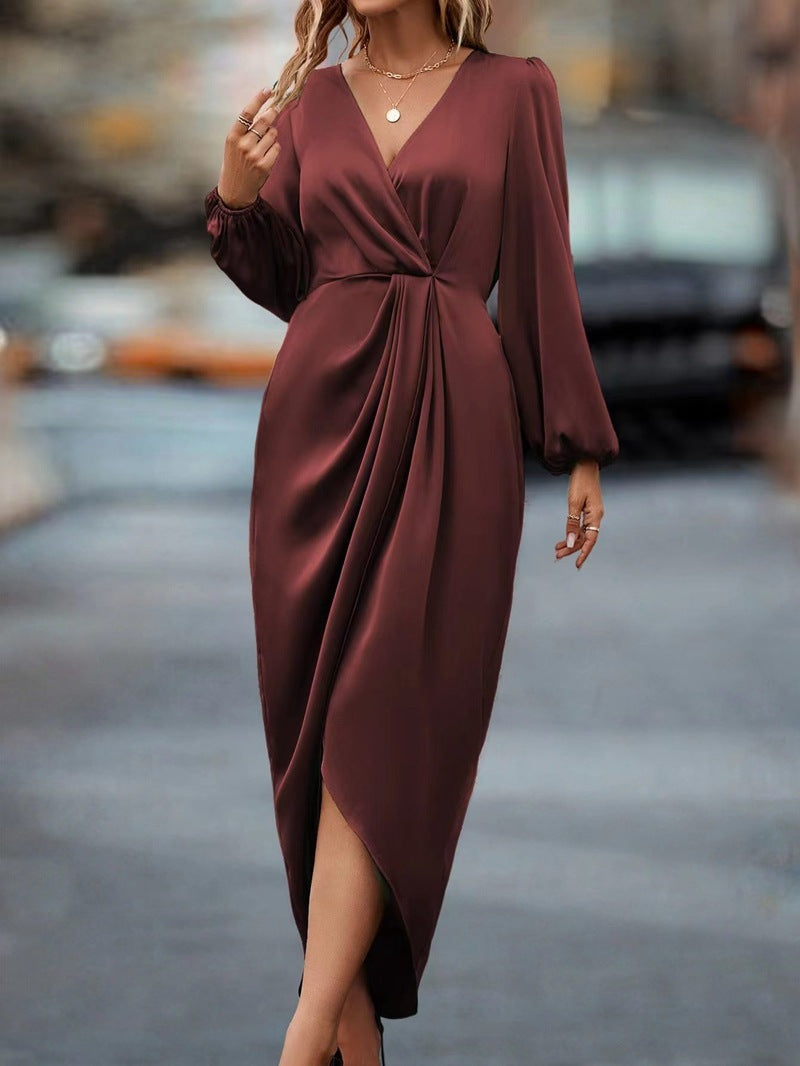 Ivyshape | Wine Red Draped V-Neck Midi Dress