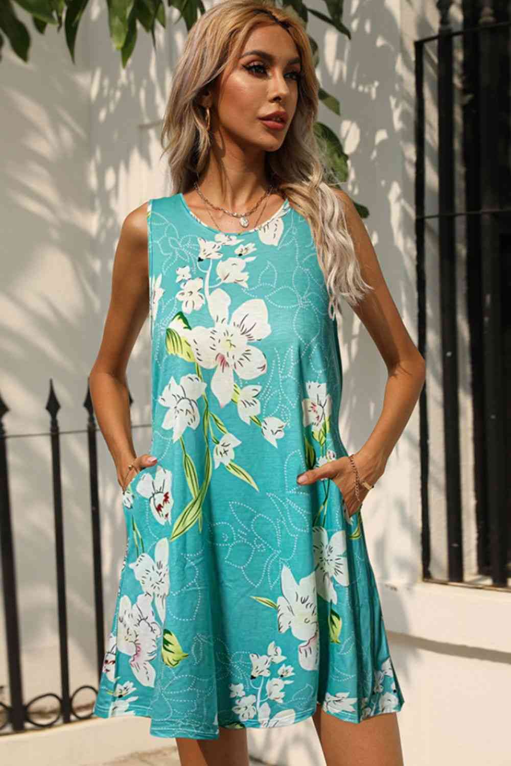 Printed Round Neck Sleeveless Dress with Pockets