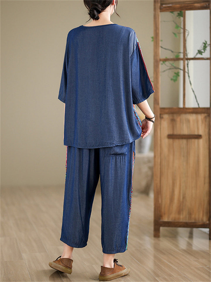 Ethnic Style Summer Denim Two Piece Suit for Ladies