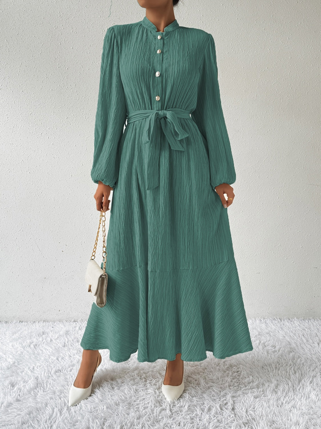 Ivyshape | Tie Waist Long Sleeve Dress