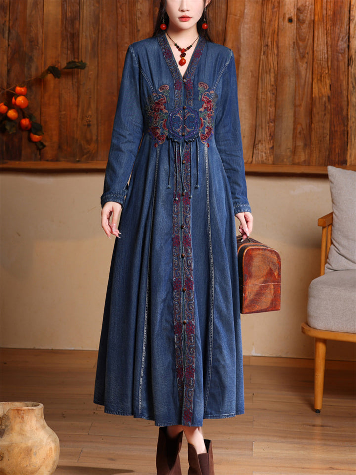 Chic Embroidery Single Breasted Mid-Length Denim Dress