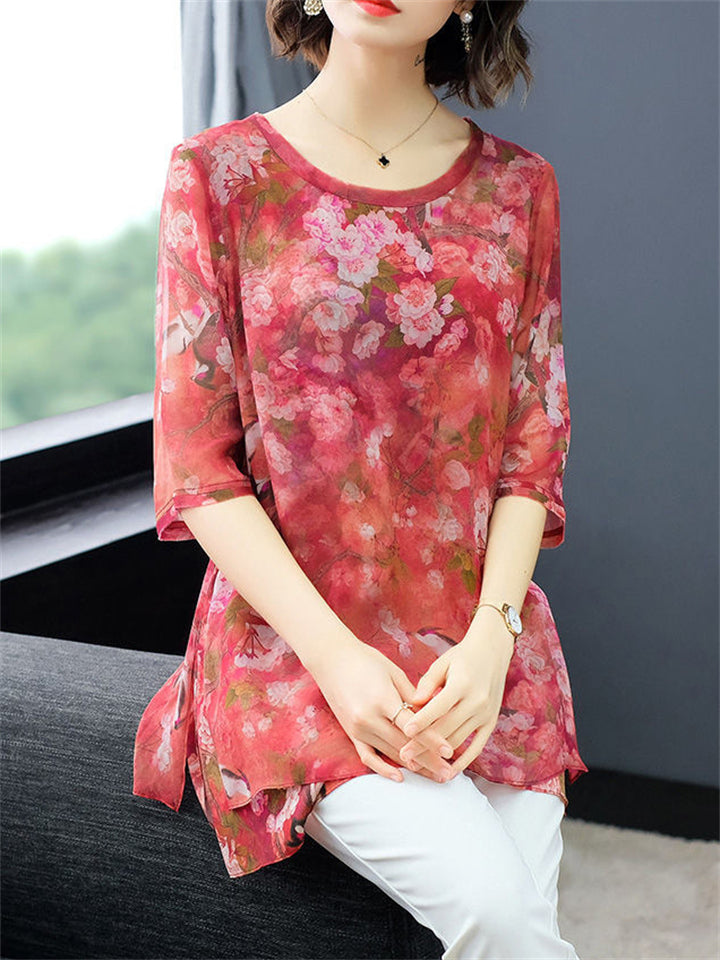 O-neck Floral Loose Chiffon Shirts