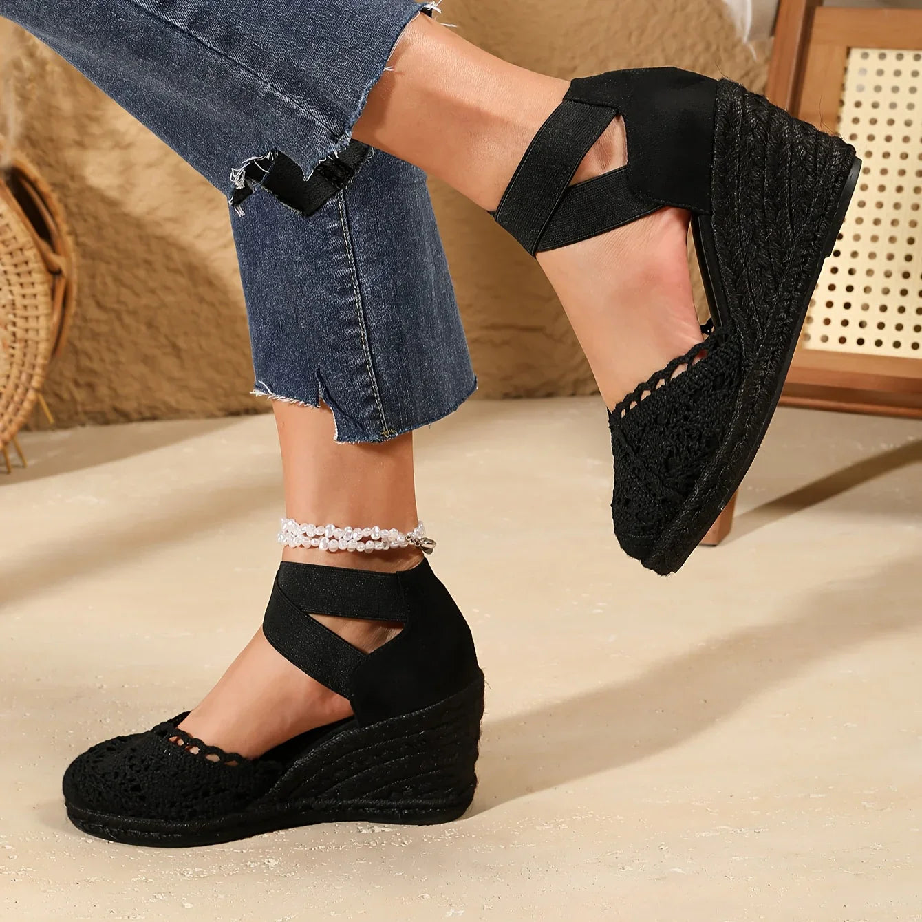 Ivyshape | Elegant Wedge Sandals with Crochet Tip