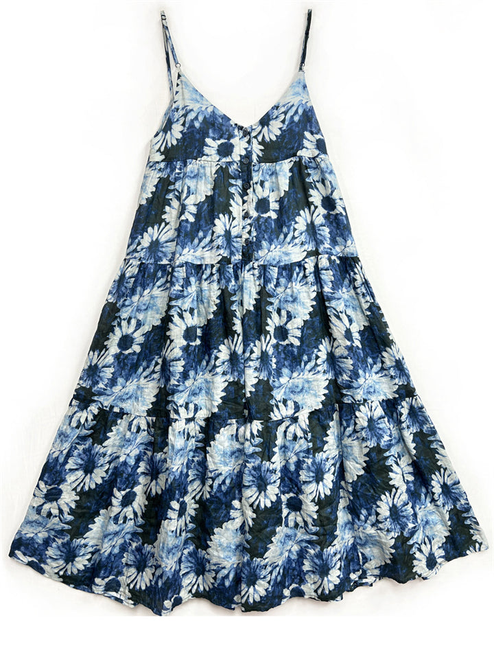 French Style Daisy Print Blue Midi Dress