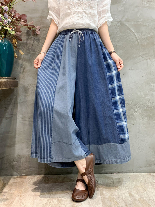 Stylish Plaid Patchwork Drawstring Wide-Leg Jeans