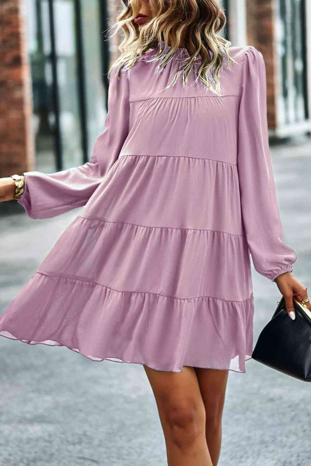 Tied Ruffle Collar Puff Sleeve Mini Dress