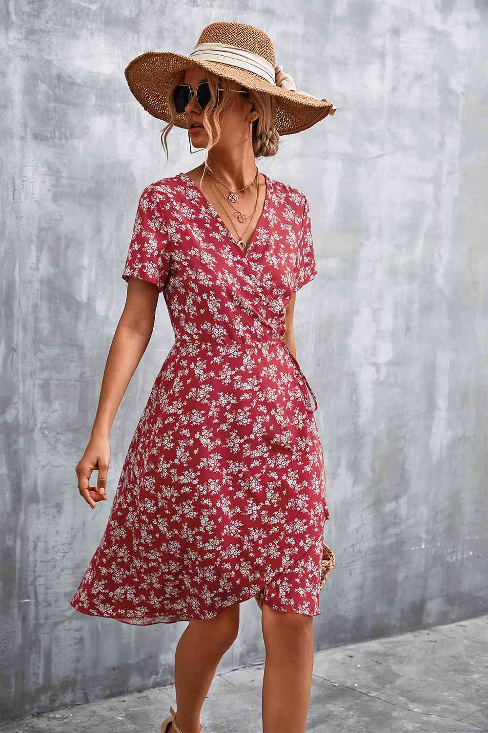 Floral Surplice Neck Flutter Sleeve Dress