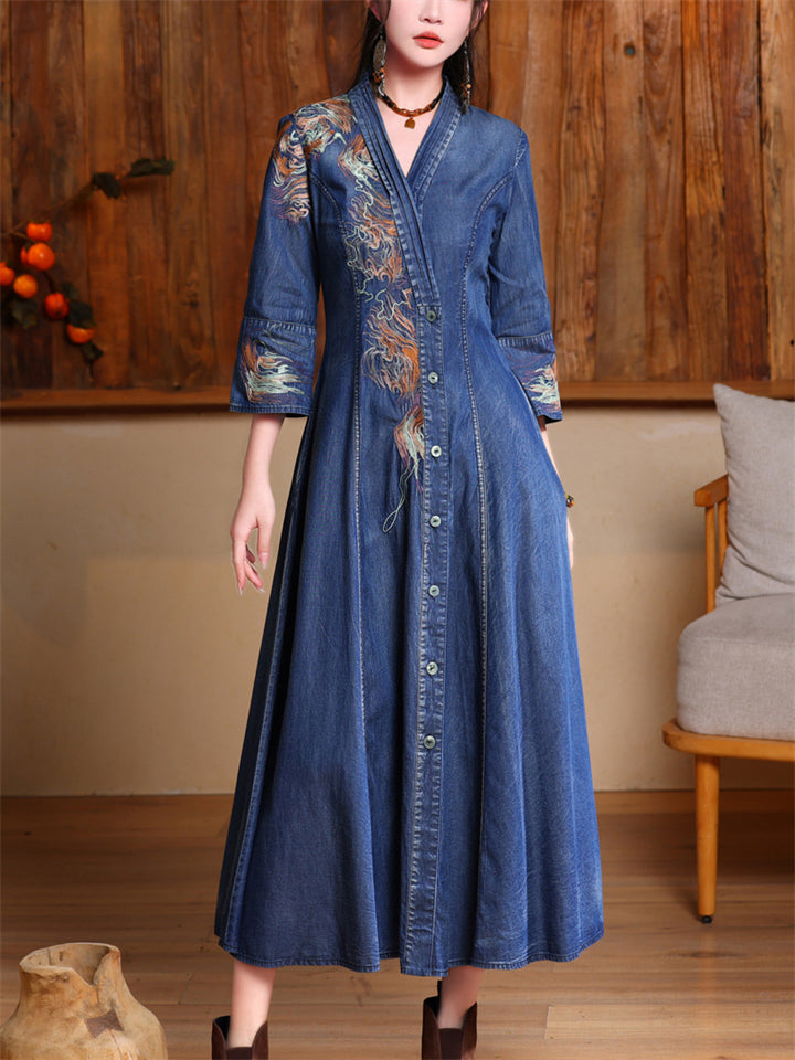 Elegant Embroidery V Neck Button Up Denim Dress