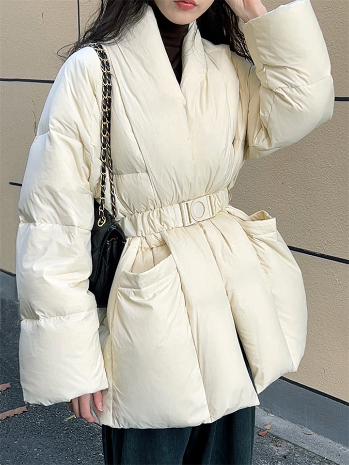 Women's Chic V Neck Tie-Waist Wrap White Duck Down Coat