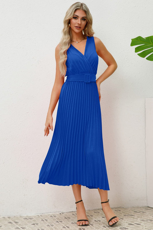 Ivyshape | Surplice Sleeveless Midi Pleated Dress