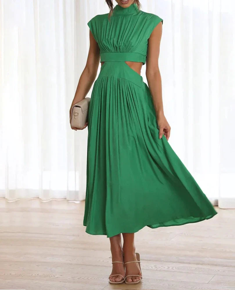 Stand Collar Solid Color Sexy Waist Midi Dress