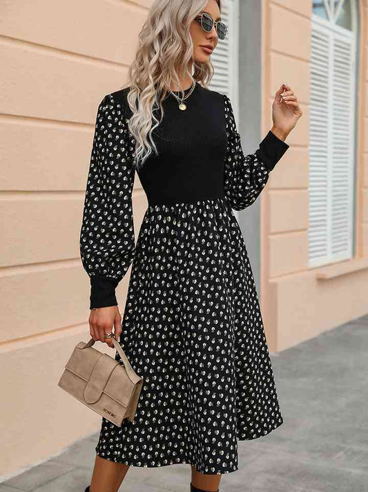 Printed Round Neck Long Sleeve Dress