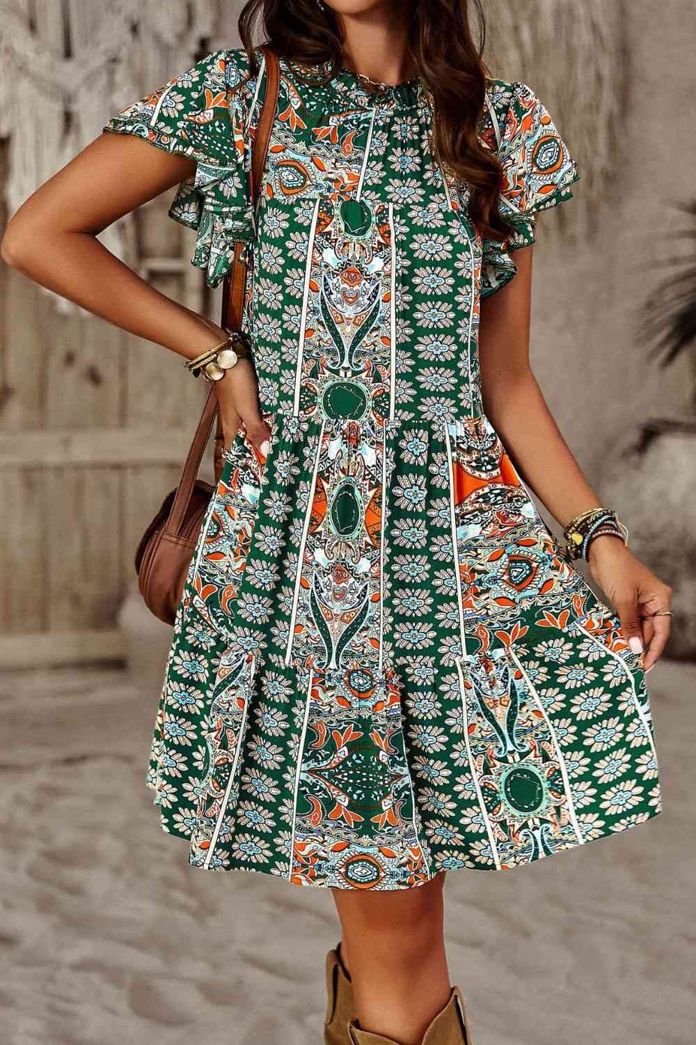 Printed Round Neck Flutter Sleeve Dress