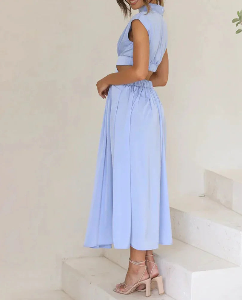 Stand Collar Solid Color Sexy Waist Midi Dress