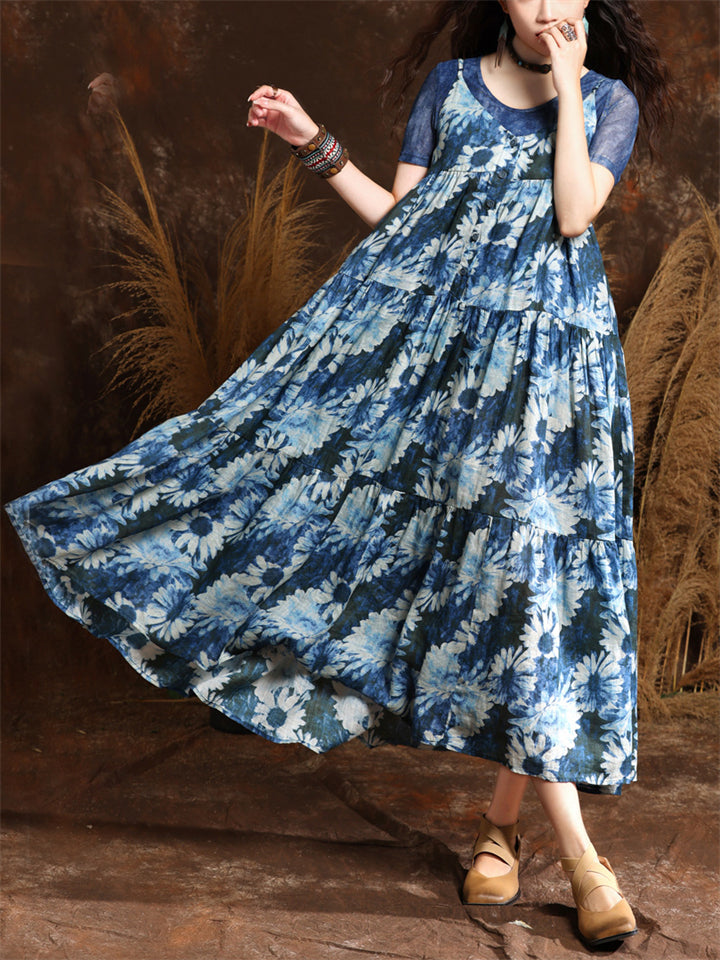 French Style Daisy Print Blue Midi Dress