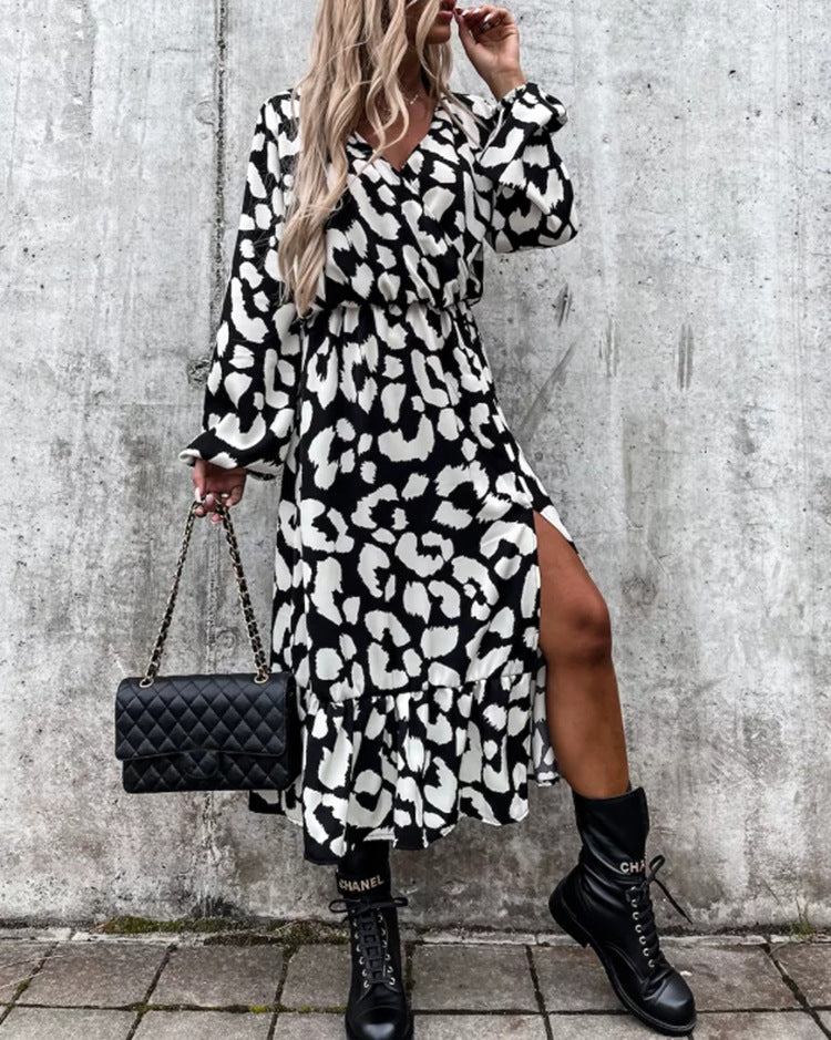 Ivyshape | Season Leopard Print Long Sleeve Slit Dress