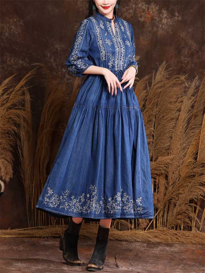 Female Elegant Embroidery Spring Summer Waist Denim Dress