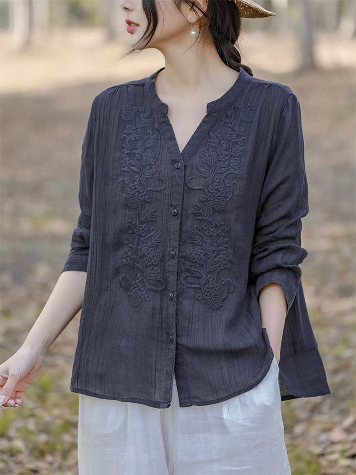 V-Neck Button Up Long Sleeve Embroidery Linen Shirt for Women