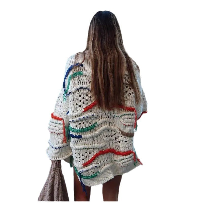 Ivyshape | Street Round Neck Tassel Color Matching Knitted Long Sleeve