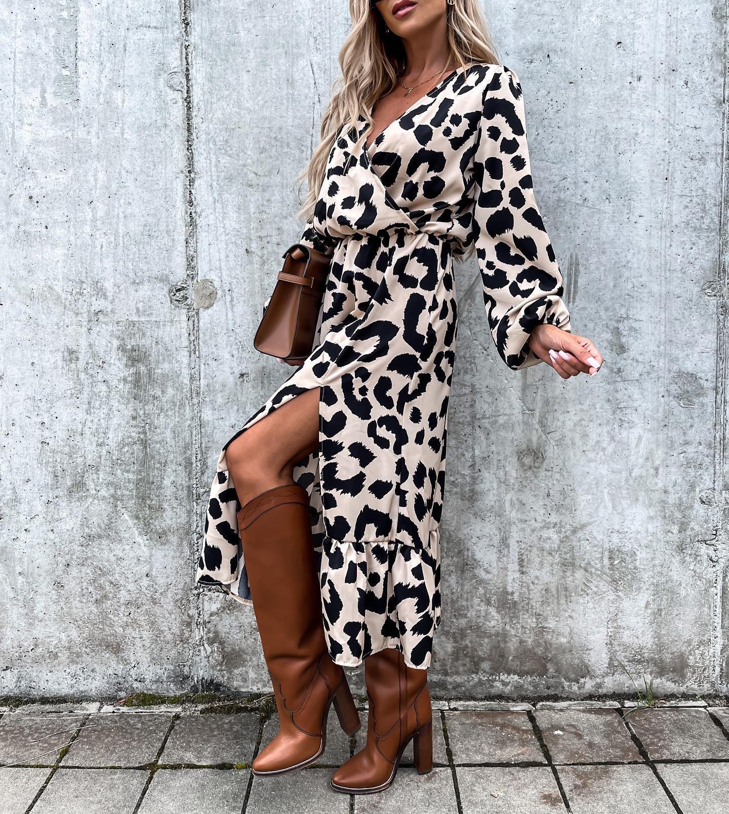 Ivyshape | Season Leopard Print Long Sleeve Slit Dress