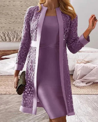 Ivyshape | Women's Lace Cardigan Dress Two-Piece Set