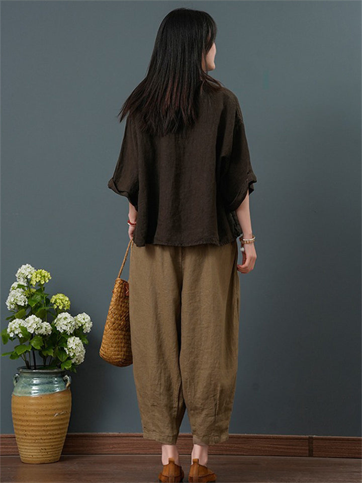 Female Cozy Linen V Neck Short Sleeve Shirt + Casual Pants Outfits