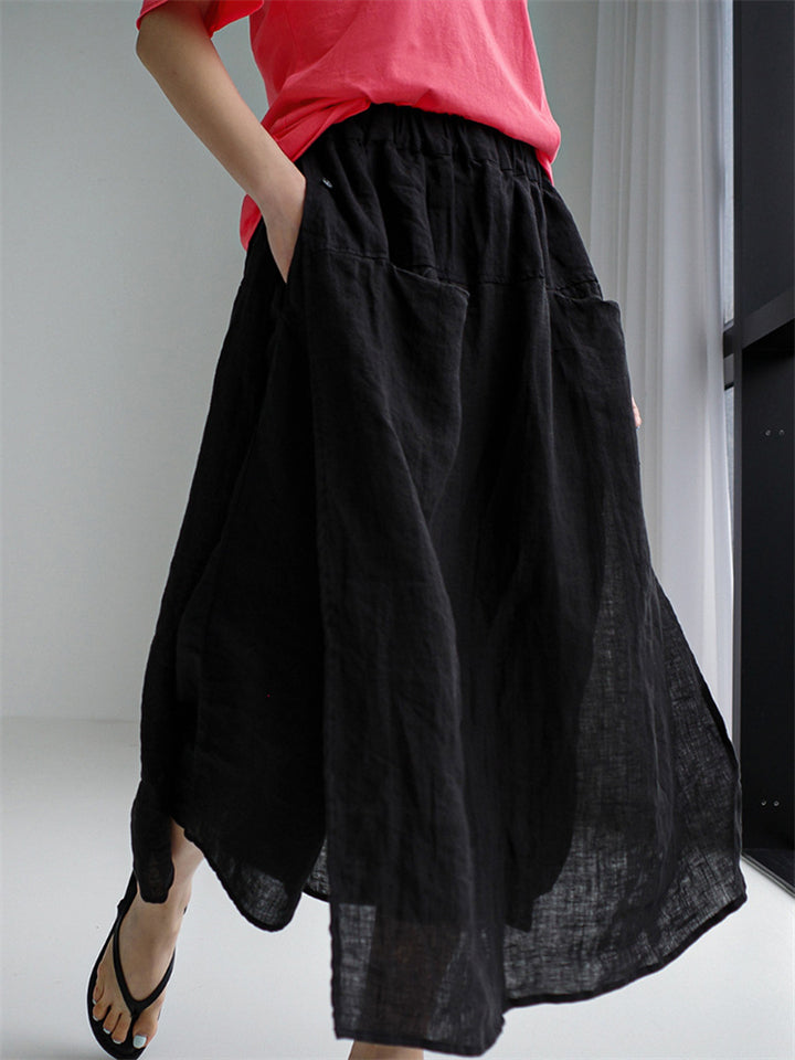 Elastic Waist Double Pocket Slit Pants Skirt for Women