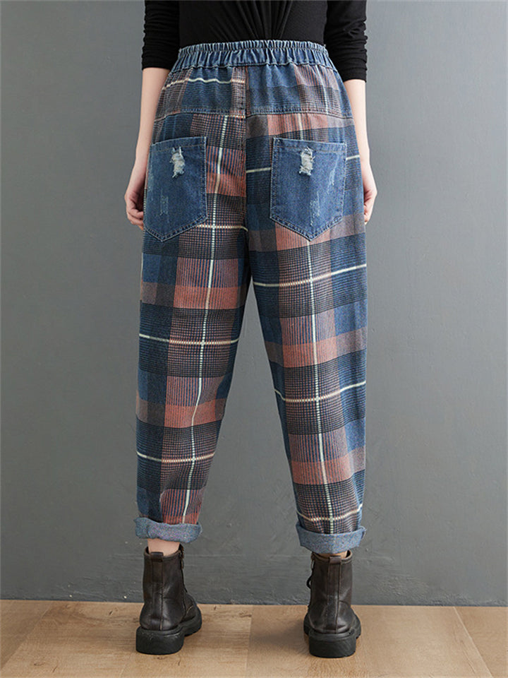 Retro Slimming Color Block Plaid Jeans for Women