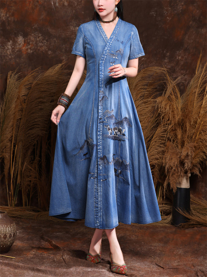 Elegant V Neck Short Sleeve Vintage Embroidery Dress for Women