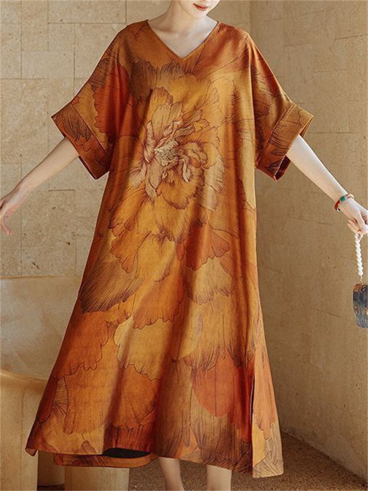 Summer Lotus Print V Neck Silk Wide Dress for Lady