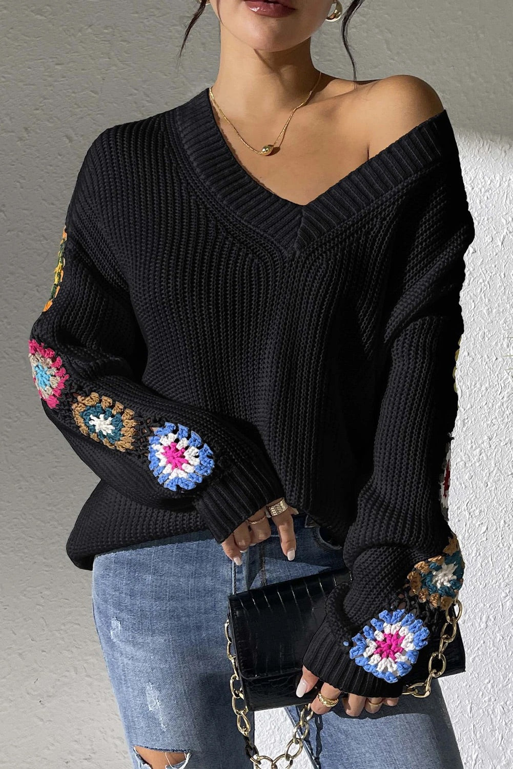 Ivyshape | Crochet Flower Splicing V-Neck Pullover Sweater