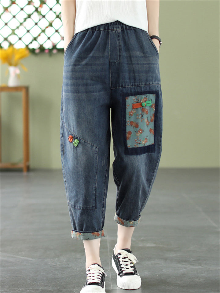 Female Cute Patchwork Denim Blue Harem Pants