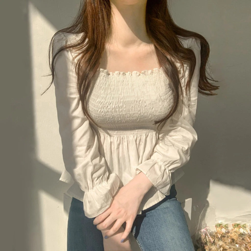 Sweet Square Neck Long-Sleeve Blouse for Women