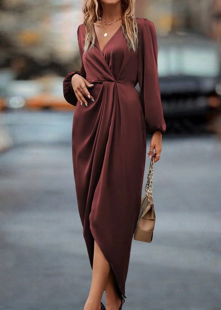 Ivyshape | Wine Red Draped V-Neck Midi Dress