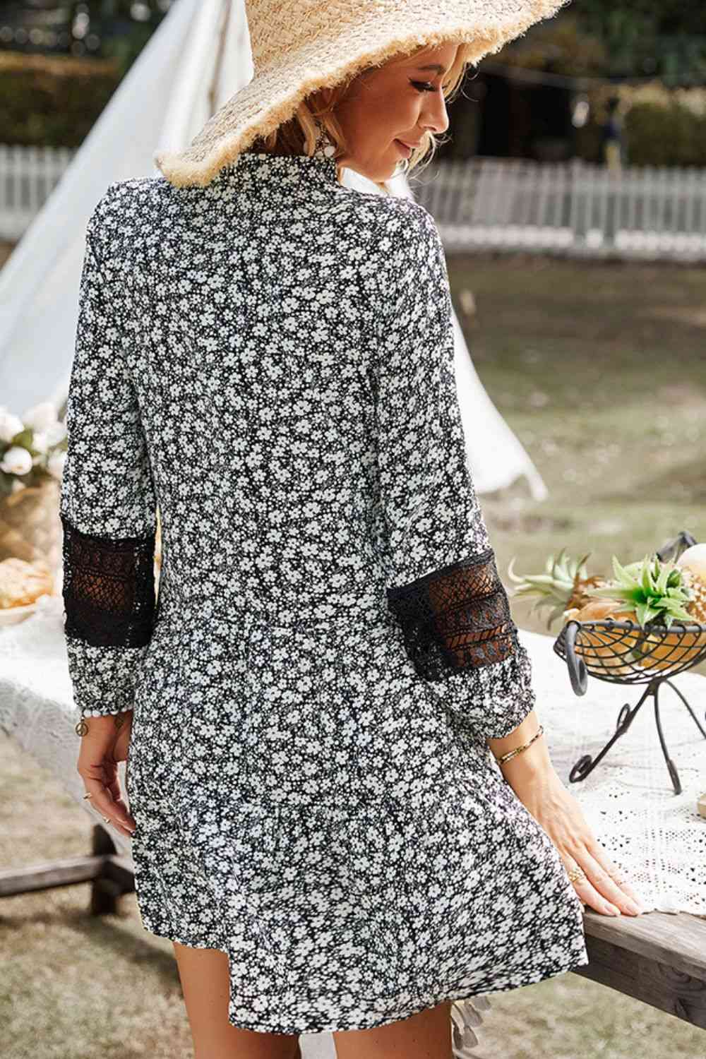 Floral Notched Neck Spliced Lace Dress